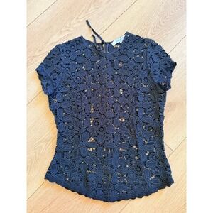 Exclusive for Intermix Navy Blue Floral Guipure Lace Short Sleeve Top Petite P